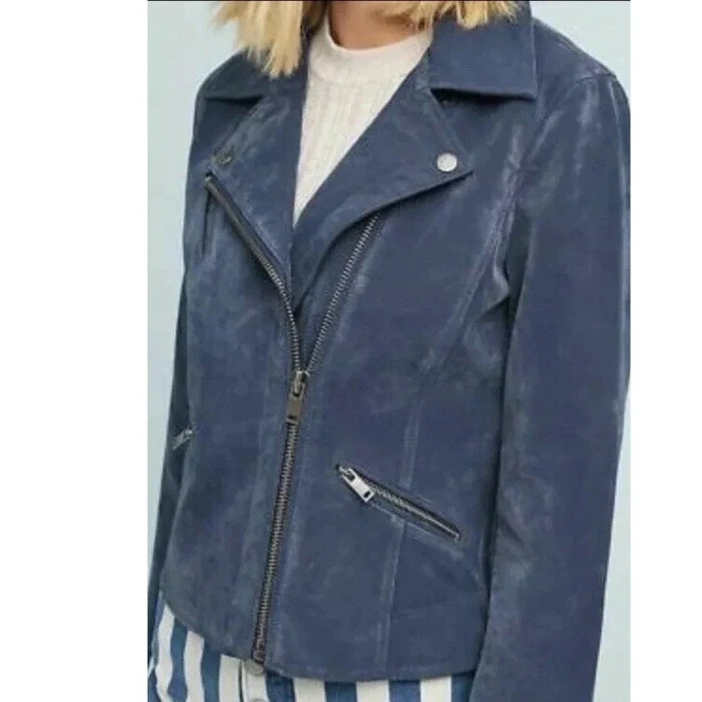 Anthropologie Women's Coat Small Biddle Moto Jacket Navy Suede Zip Lined Paisley